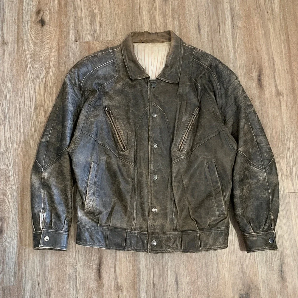 Rare Vintage 70s German brown leather moto bomber jacket - size large mens